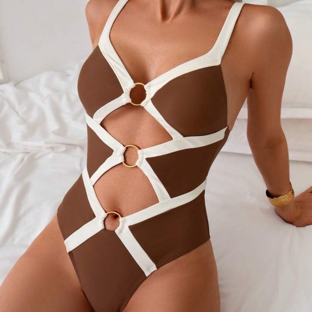 Swim Vcay 1pc Women's Vacation Beach Contrast Color Splice Hollow-Out Monokini